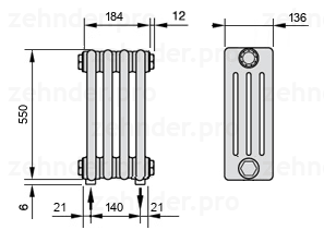 Схема (чертеж) Радиатор Zehnder Charleston 4055/4 №5310 Белый глянцевый RAL 9016